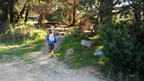 Niña llegando por un camino a la escuela bosque