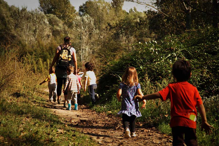 Niños de excursión por un camino